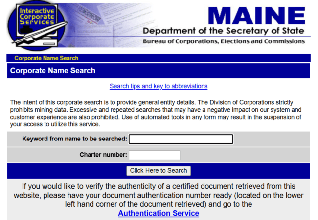 Maine business name search homepage
