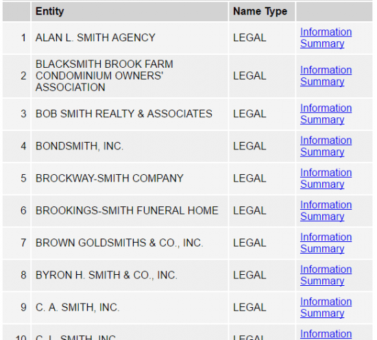 Maine business name search results page 1