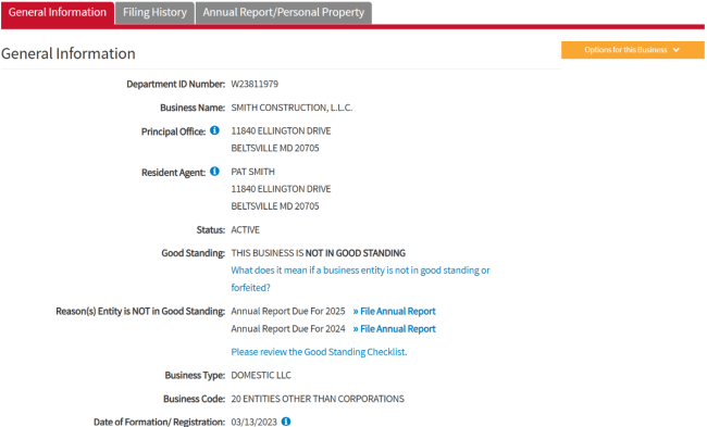Maryland business name search results 2