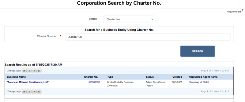 missouri charter number search results