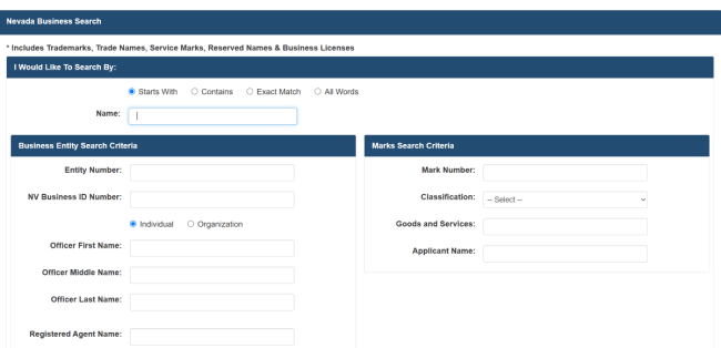 Nevada business entity search homepage