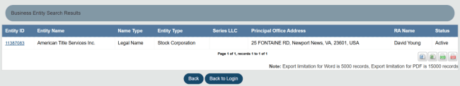 Virginia entity ID search results