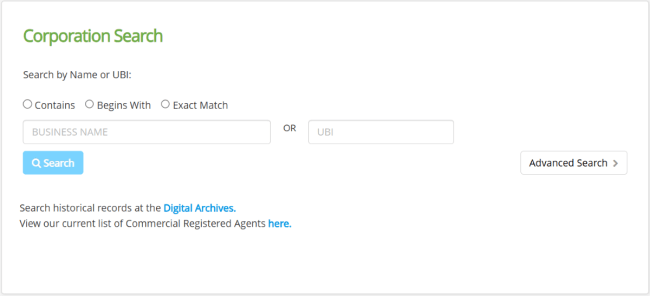 Washington corporation search homepage