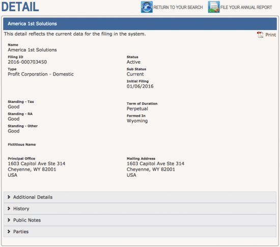 Wyoming business name search details example.